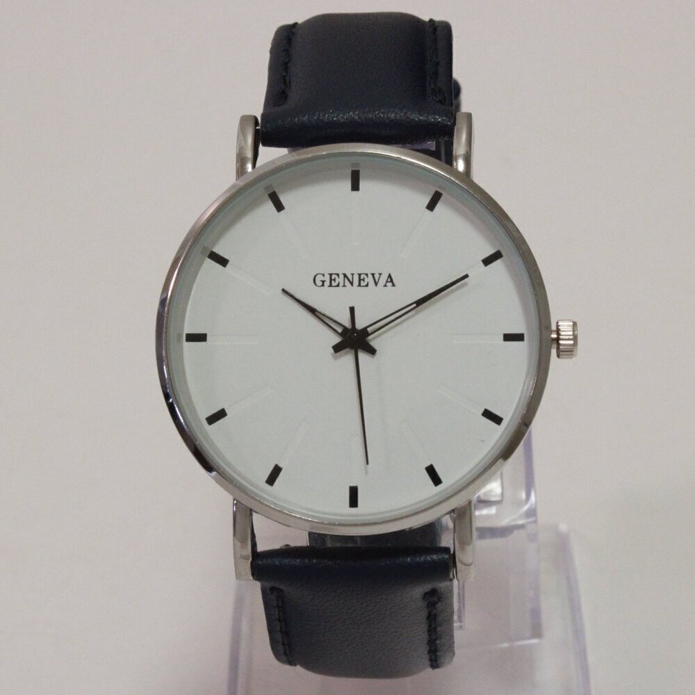 Men's Minimalist Fashion Watch Silver Case White Dial Navy Blue Strap 40mm - Picture 3 of 13